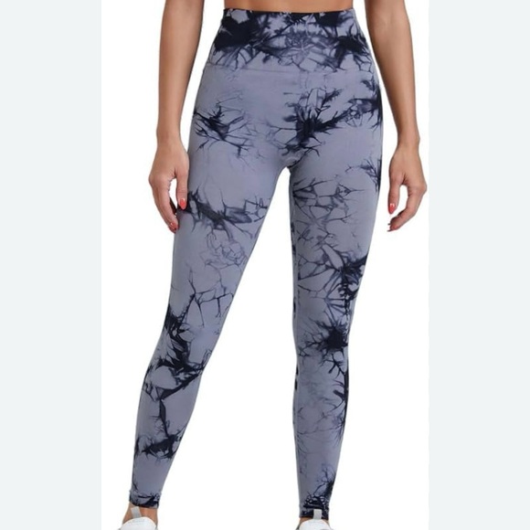 Tie Dye Workout Active Pants Yoga High Waist 4way Stretch Grayish Bluish/Black L - Picture 1 of 9
